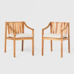 Saracina Home 2pk Mid-Century Modern Slatted Outdoor Acacia Arm Chairs With Cushions -Furniture Store GUEST 0016f698 7c55 460b bf1f 8be1b164e811