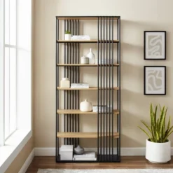 79" Modern 6 Shelf With Metal Bar Bookcase Coastal Oak/Black - Saracina Home 11 79" Modern 6 Shelf With Metal Bar Bookcase Coastal Oak/Black - Saracina Home -Furniture Store GUEST 03b6b14d 2b21 499f 860f 2782f5320208