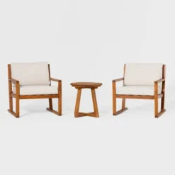 Saracina Home 3pc Modern Slat-Back Acacia Outdoor Conversation Set With Cushions -Furniture Store GUEST 051bd24b e509 42d0 a30a 0bac2d263977