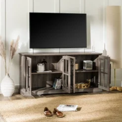 Avalene Modern Farmhouse 4 Door Glass Window Pane TV Stand For TVs Up To 65" - Saracina Home