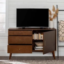 Mid-Century Modern With Closed Storage TV Stand For TVs Up To 58" Walnut - Saracina Home -Furniture Store GUEST 272c04f3 ea07 453c 9824 8666892ac8d7
