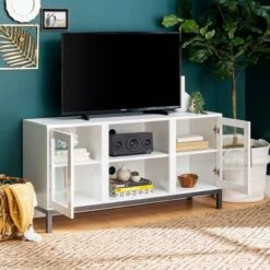 Pierceton Modern Double Glass Door With Metal Legs TV Stand For TVs Up To 58" White - Saracina Home -Furniture Store GUEST 2c1fd597 52e5 48a8 9e83 a72aa568db78
