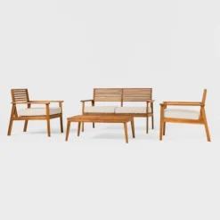 Saracina Home 4pc Mid-Century Modern Slatted Acacia Outdoor Patio Conversation Furniture Set -Furniture Store GUEST 5bd5681e 7e46 43b4 a961 a82e40c62e87