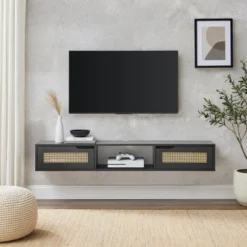 Modern Boho Floating TV Stand For TVs Up To 65" With Rattan Doors - Saracina Home -Furniture Store GUEST 76eac520 24ad 47c2 a6b9 24cf0016994e