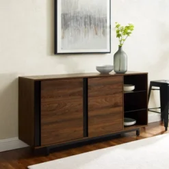 Shing Modern Striped Door 60" Sideboard With Glass Shelves Dark Walnut - Saracina Home -Furniture Store GUEST 841e5008 f61b 4759 a434 60c091d81a31