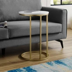 24" Modern Glam Round C Table Faux White Marble/Gold - Saracina Home