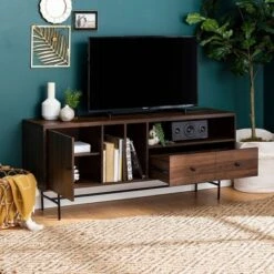 Modern Vinyl Record Player Storage TV Stand For TVs Up To 65" Dark Walnut - Saracina Home -Furniture Store GUEST 98d6a861 7091 418c 9351 ed4df69ef1a9
