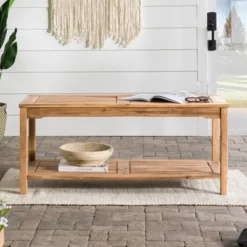 Ravenscroft Modern Boho Acacia Wood Slatted Outdoor Coffee Table With Lower Shelf - Saracina Home -Furniture Store GUEST 9d8e40f6 e18b 4bf4 8a7b d05b8ff7e305