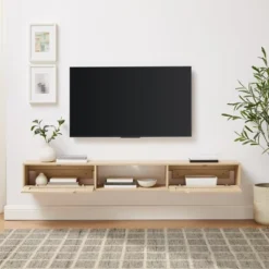 Modern Boho Floating TV Stand For TVs Up To 80" With Rattan Doors Coastal Oak - Saracina Home -Furniture Store GUEST bdcb8965 2ebd 49d4 815a d3cfdbcfb1e9