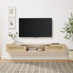 Modern Boho Floating TV Stand For TVs Up To 80" With Rattan Doors Coastal Oak - Saracina Home -Furniture Store GUEST cdeb4d3e c8db 482f bceb 3f6259779594