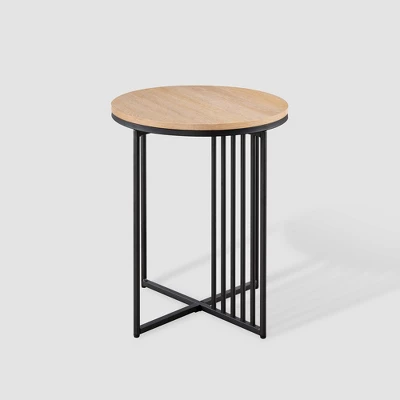Modern Metal Bar Round Side Table Coastal Oak/Black Saracina Home 4 Modern Metal Bar Round Side Table Coastal Oak/Black Saracina Home - Image 4