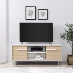 Modern 2 Door TV Stand For TVs Up To 65" Solid White/Coastal Oak/White - Saracina Home -Furniture Store GUEST d6237cf6 7faf 4a9a ab9d 1f1963b17cb5