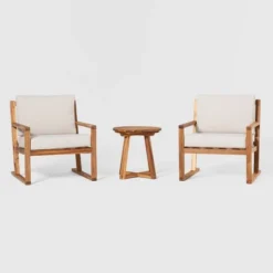 Saracina Home 3pc Modern Slat-Back Acacia Outdoor Conversation Set With Cushions -Furniture Store GUEST e228f191 c7e4 49f0 8884 eecb92073a20