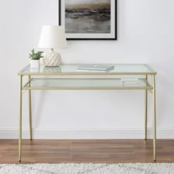 Modern 2 Tier Glass Top Writing Desk With Metal Legs Gold - Saracina Home -Furniture Store GUEST f29dbca3 f72a 47f1 b485 067966ea3eef